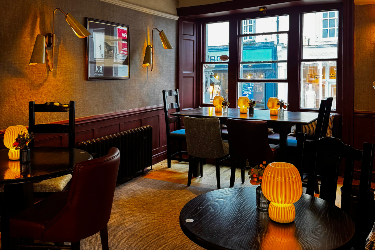 Swan and Royal gastropub dining tables with view of Clitheroe town centre